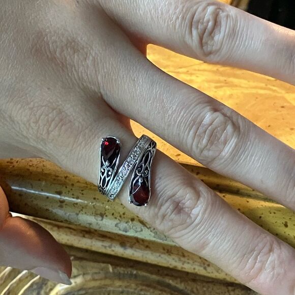 Natural Vermelho Red Garnet Sterling Silver Bypass Ring Size 8 - Picture 4 of 9